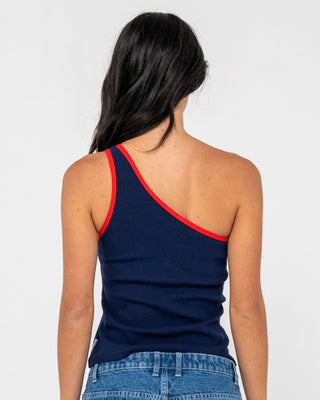Woman wearing Zoe One Shoulder Tank in Navy