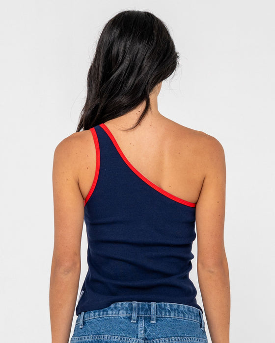 woman-wearing-zoe-one-shoulder-tank-in-navy