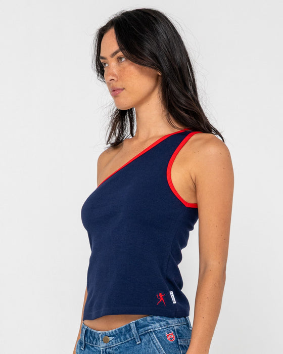 woman-wearing-zoe-one-shoulder-tank-in-navy