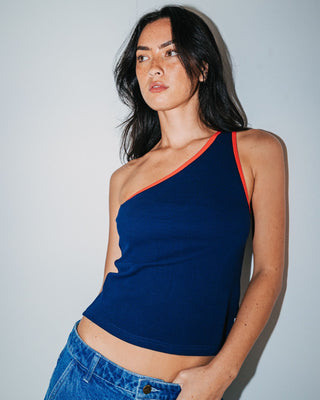 Woman wearing Zoe One Shoulder Tank in Navy