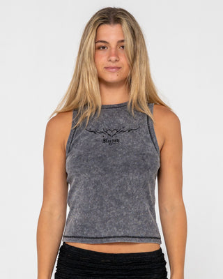 Woman wearing Mortys Fitted Tank in Acid Steel