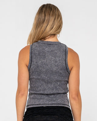 Woman wearing Mortys Fitted Tank in Acid Steel