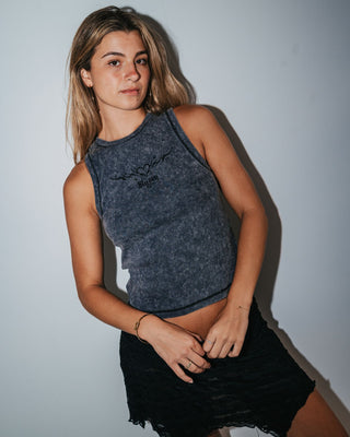 Woman wearing Mortys Fitted Tank in Acid Steel