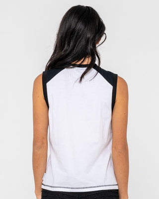 Woman wearing Tamlin Contrast Raglan Tank in White