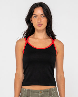 Woman wearing Hilton Devil Scoop Neck Tank in Black