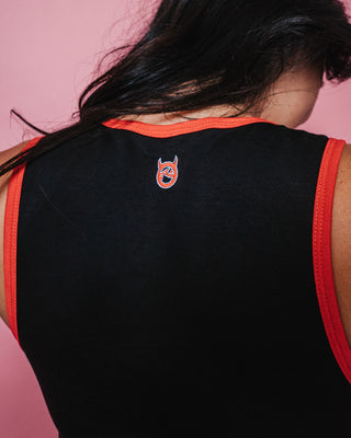 Woman wearing Hilton Devil Scoop Neck Tank in Black