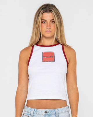Woman wearing Shoot It Tank in White