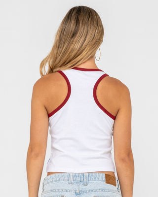 Woman wearing Shoot It Tank in White