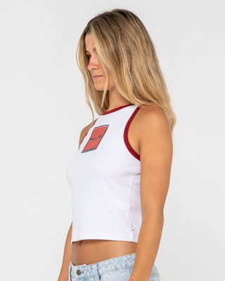 Woman wearing Shoot It Tank in White