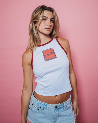 Woman wearing Shoot It Tank in White