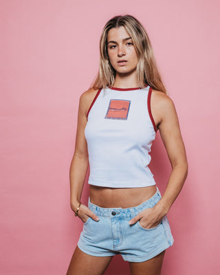 Woman wearing Shoot It Tank in White