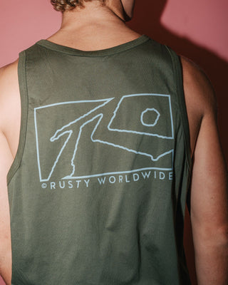 Man wearing Boxed Out Tank in Savanna