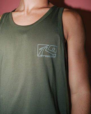 Man wearing Boxed Out Tank in Savanna