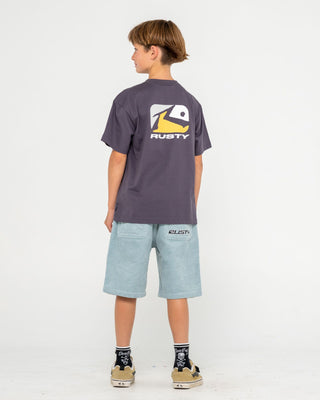 Boy wearing Phenom Short Sleeve Tee Boys in Coal