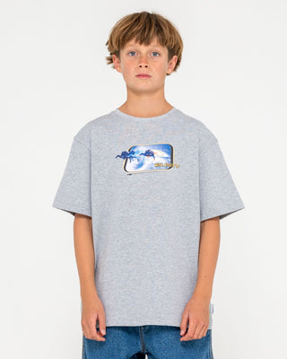 Boy wearing Tidal Kombat Heavy Short Sleeve Tee Boys in Grey Marle