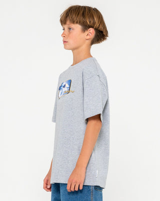 Boy wearing Tidal Kombat Heavy Short Sleeve Tee Boys in Grey Marle