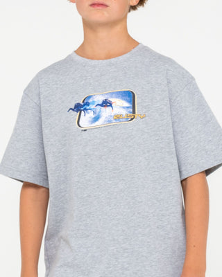 Boy wearing Tidal Kombat Heavy Short Sleeve Tee Boys in Grey Marle