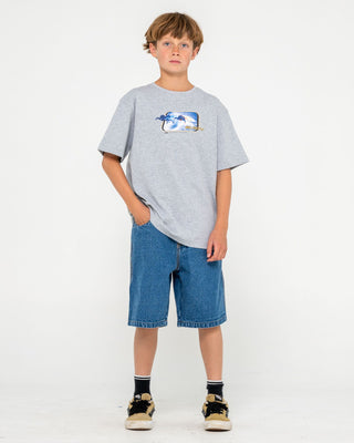 Boy wearing Tidal Kombat Heavy Short Sleeve Tee Boys in Grey Marle