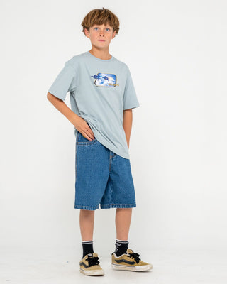 Boy wearing Tidal Kombat Heavy Short Sleeve Tee Boys in Smoke Blue