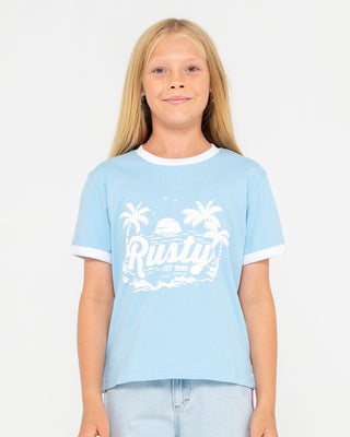 Girl wearing Bobbie Oversized Tee Girls in Retro Blue