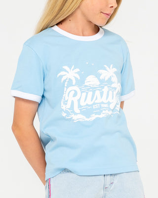 Girl wearing Bobbie Oversized Tee Girls in Retro Blue