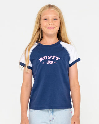 Girl wearing Riley Raglan Baby Tee Girls in Navy
