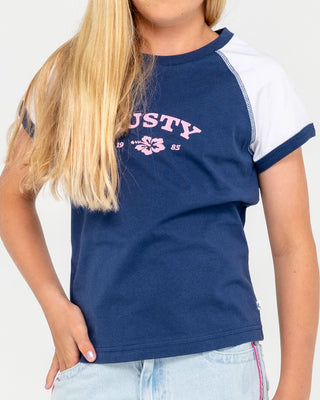 Girl wearing Riley Raglan Baby Tee Girls in Navy
