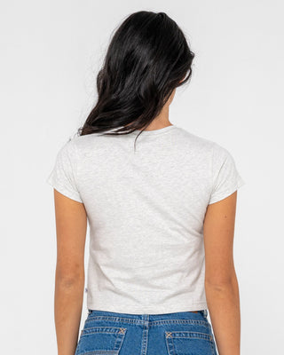 Woman wearing Rusty Essentials Relaxed Mini Tee in Ice Marle