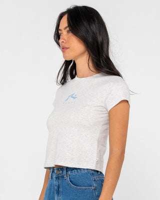 Woman wearing Rusty Essentials Relaxed Mini Tee in Ice Marle