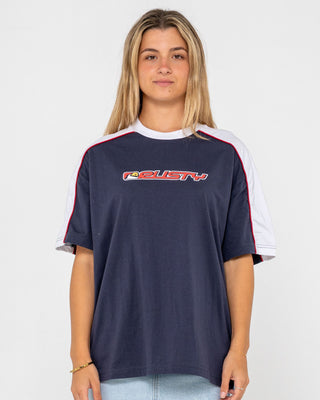 Woman wearing Archived Shooter Oversize Tee in Navy