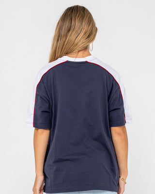 Woman wearing Archived Shooter Oversize Tee in Navy
