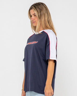 Woman wearing Archived Shooter Oversize Tee in Navy
