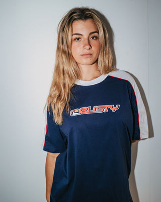 Woman wearing Archived Shooter Oversize Tee in Navy