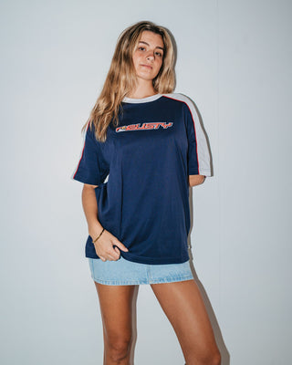 Woman wearing Archived Shooter Oversize Tee in Navy