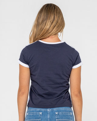Woman wearing Le Sports Jersey Baby Tee in Navy