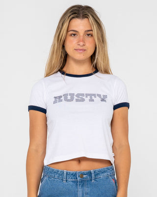 Woman wearing Hot Stud Contrast Ringer Baby Tee in White