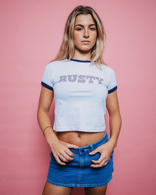 Woman wearing Hot Stud Contrast Ringer Baby Tee in White