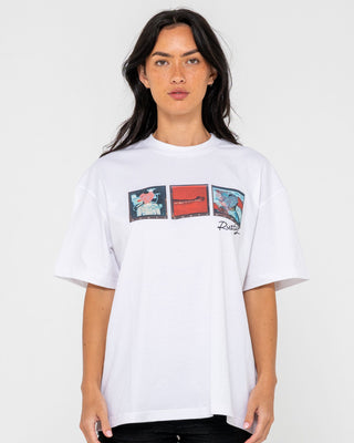 Woman wearing Crossroads Oversize Tee in White