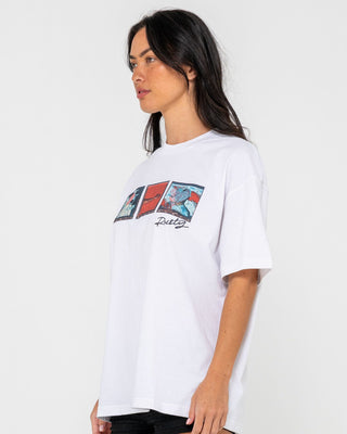 Woman wearing Crossroads Oversize Tee in White