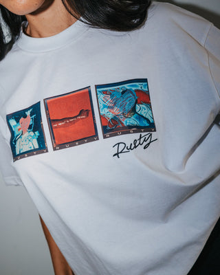 Woman wearing Crossroads Oversize Tee in White