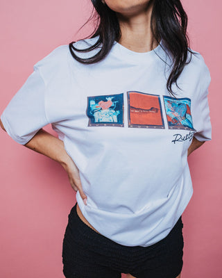 Woman wearing Crossroads Oversize Tee in White