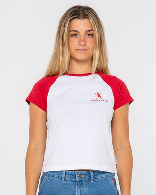 Woman wearing Devil Raglan Cap Sleeve Baby Tee in White