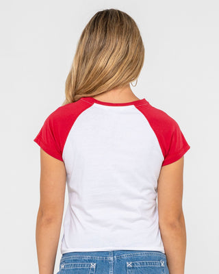 Woman wearing Devil Raglan Cap Sleeve Baby Tee in White