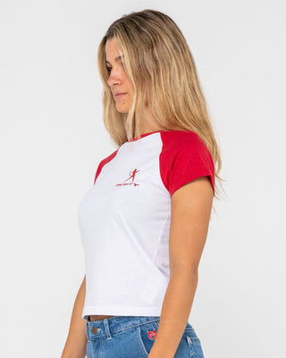 Woman wearing Devil Raglan Cap Sleeve Baby Tee in White
