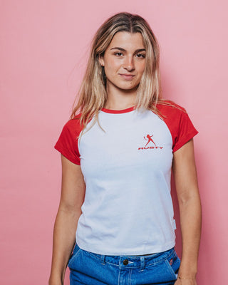 Woman wearing Devil Raglan Cap Sleeve Baby Tee in White