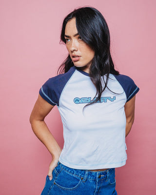 Woman wearing Archived Raglan Mini Tee in White