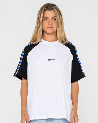 Woman wearing Crank Panelled Oversize Tee in Egret