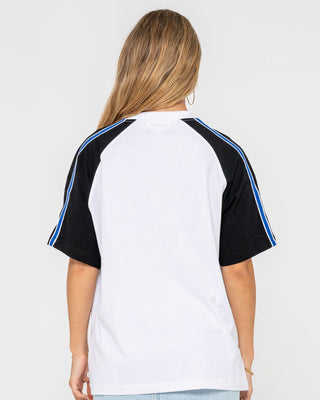 Woman wearing Crank Panelled Oversize Tee in Egret