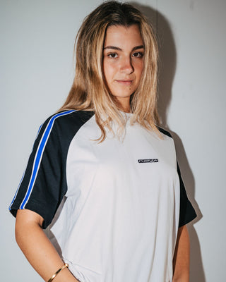 Woman wearing Crank Panelled Oversize Tee in Egret