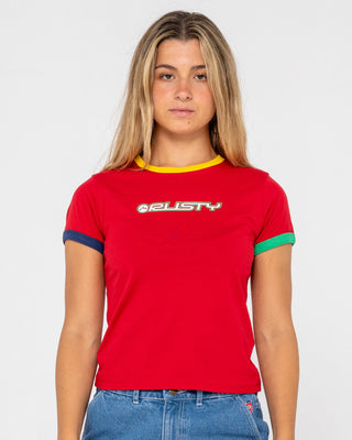 Woman wearing 3 Tone Contrast Ringer Baby Tee in Red